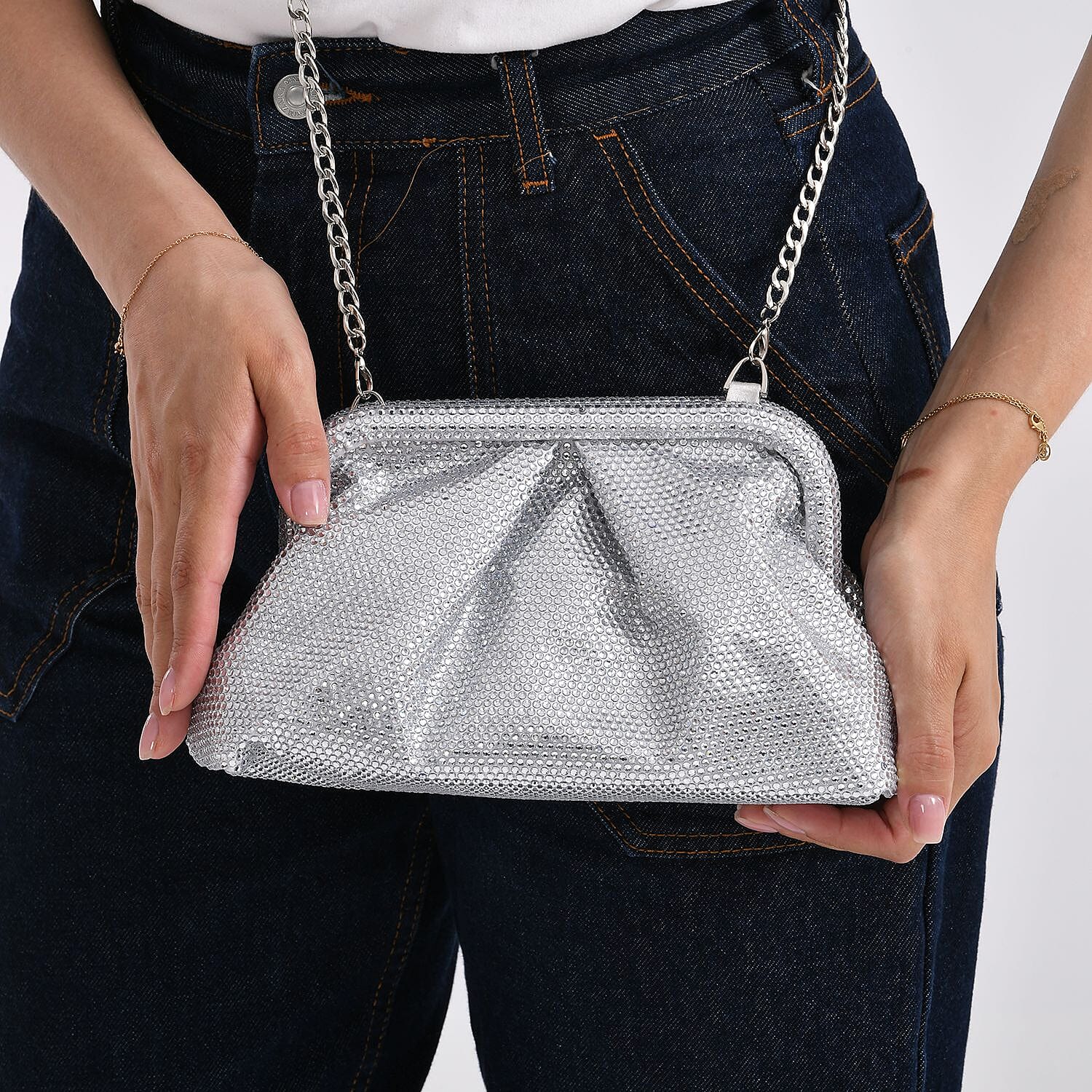 Crystal Patterned Clutch (Size 9x4x5 in) - Silver & Rose Pink