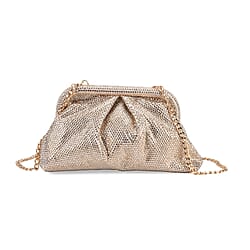 Crystal Embellished Pouch Clutch Bag with Silver Chain Strap - Gold