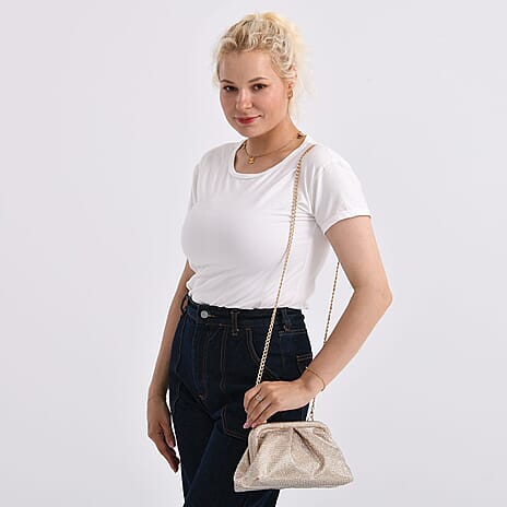 Crystal Embellished Pouch Clutch Bag with Silver Chain Strap - Gold