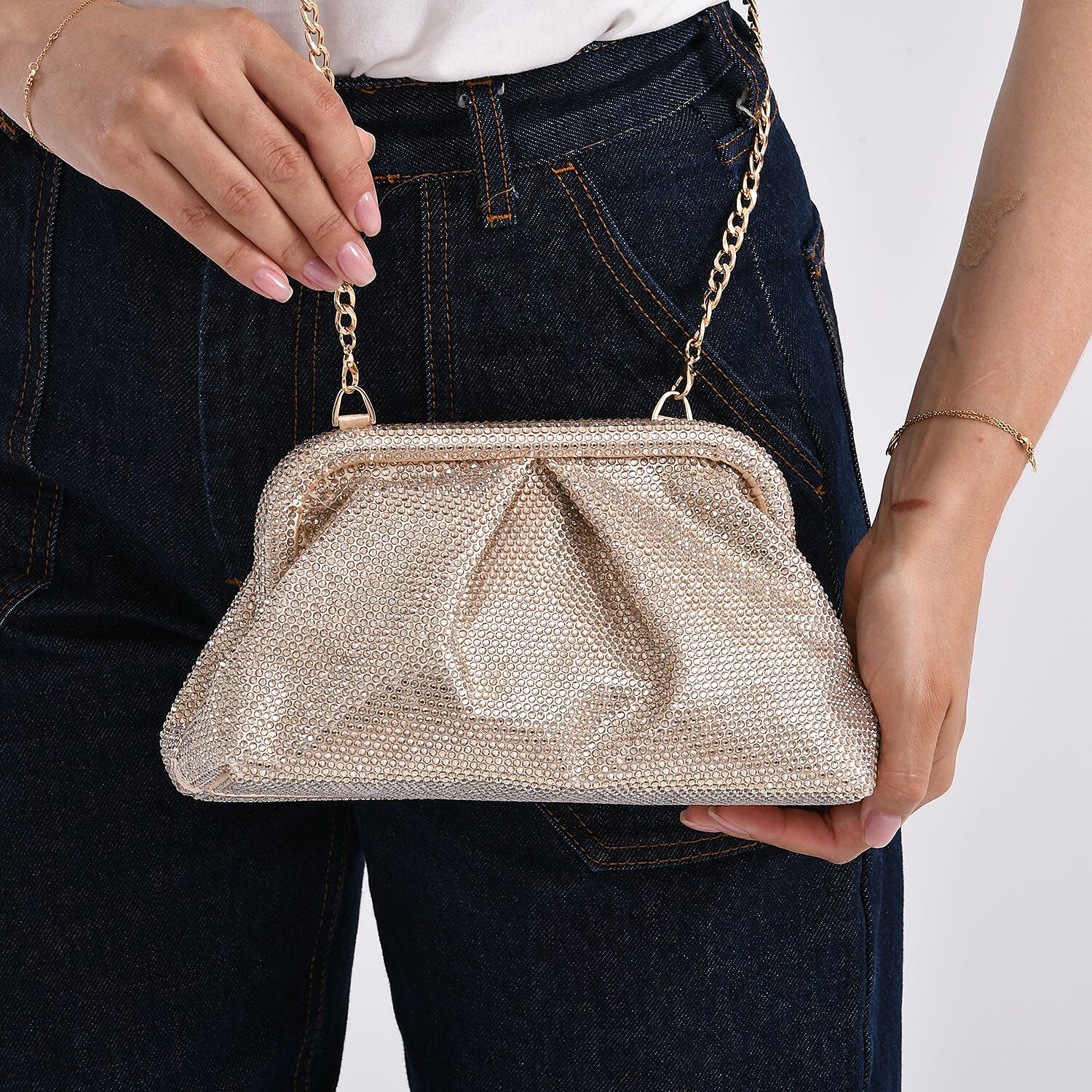 Crystal Patterned Clutch (Size 9x4x5 in) - Gold & Rose Pink