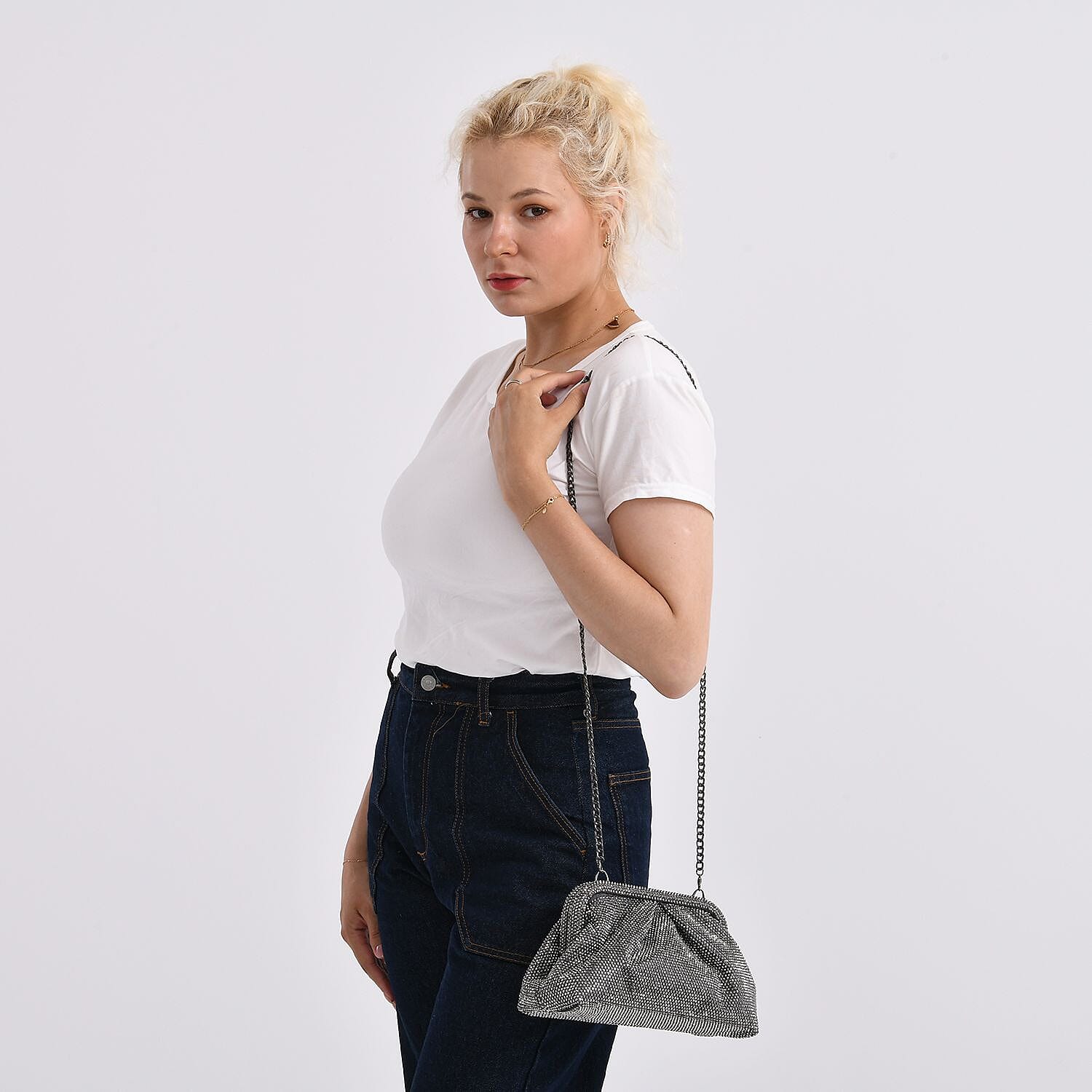 Crystal Patterned Clutch (Size 9x4x5 in) - Gun & Rose Pink