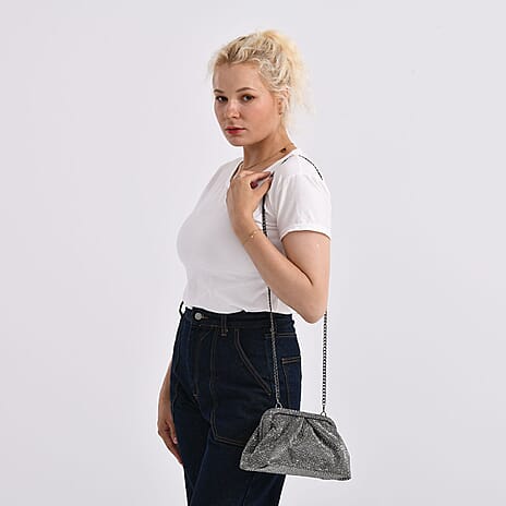 Crystal Embellished Pouch Clutch Bag with Silver Chain Strap - Gun