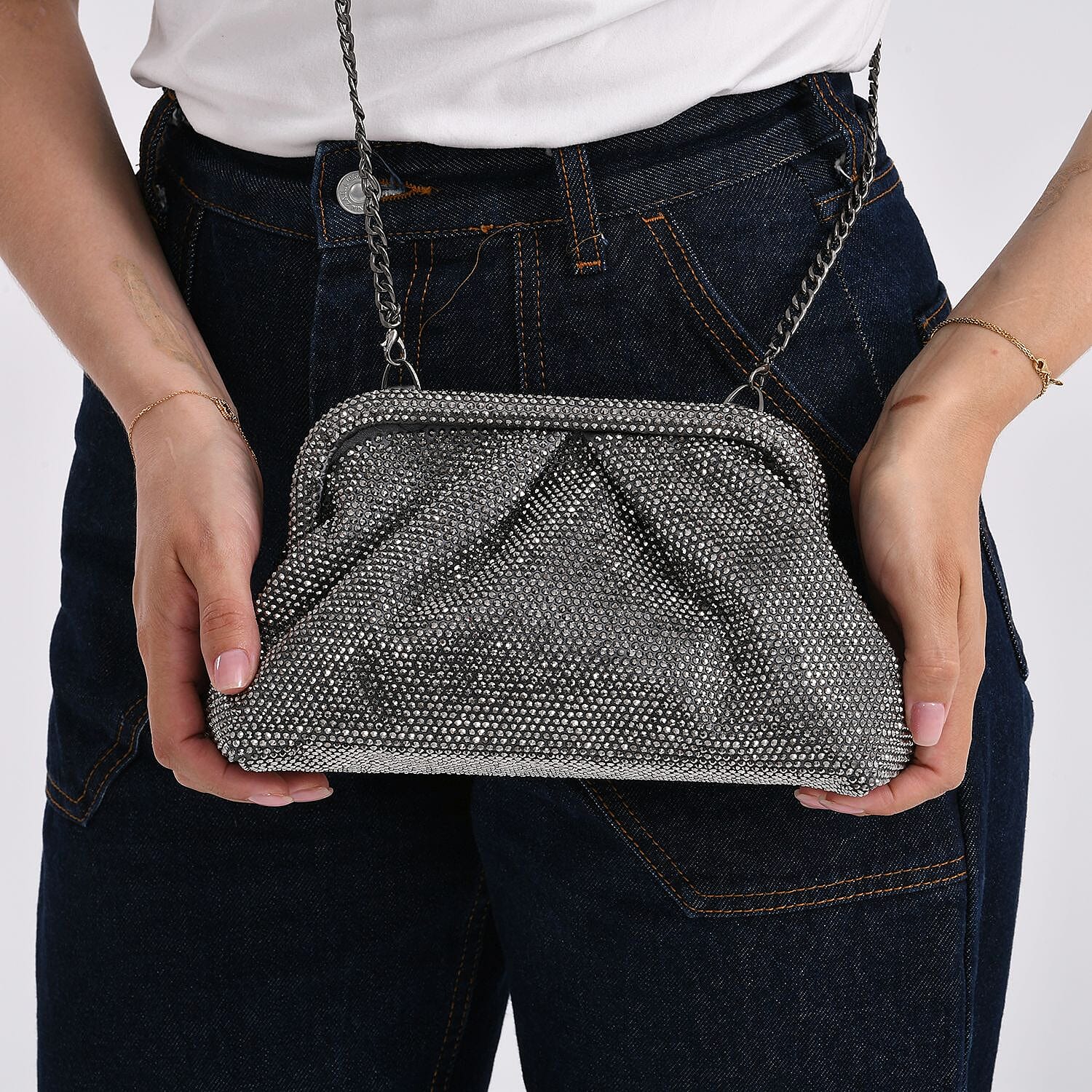 Crystal Patterned Clutch (Size 9x4x5 in) - Gun & Rose Pink