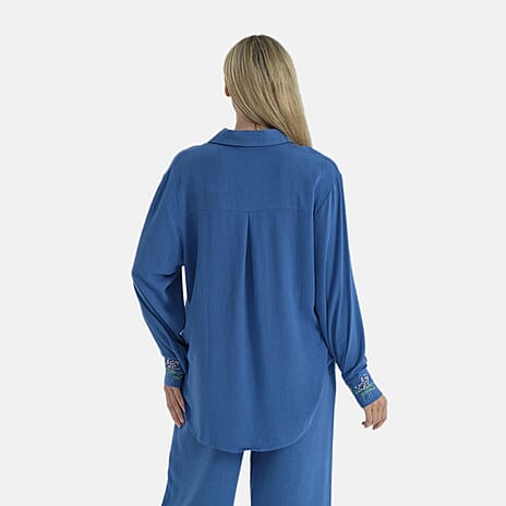 La Marey Linen Blend Embroidered Relaxed Fit Shirt (Size M) - Blue