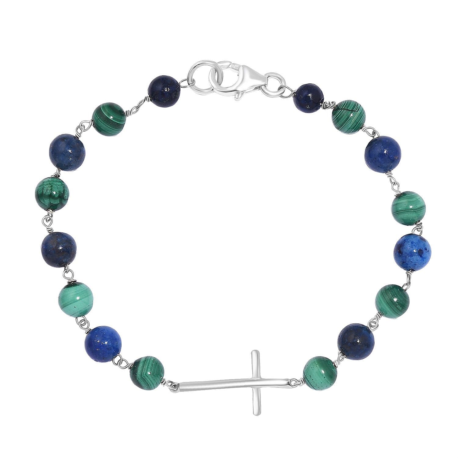 Lapis Lazuli & Malachite Bracelet (Size - 7.5) in Rhodium Overlay Sterling Silver 25.00 Ct.