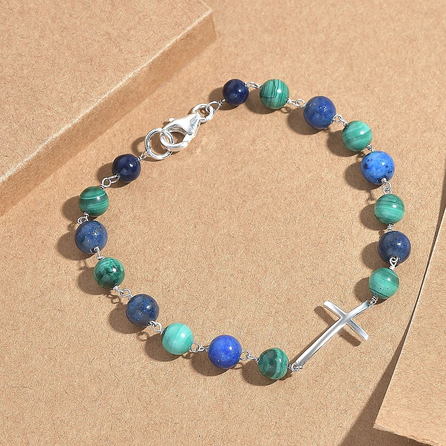 Lapis Lazuli & Malachite Bracelet (Size - 7.5) in Rhodium Overlay Sterling Silver 25.00 Ct.