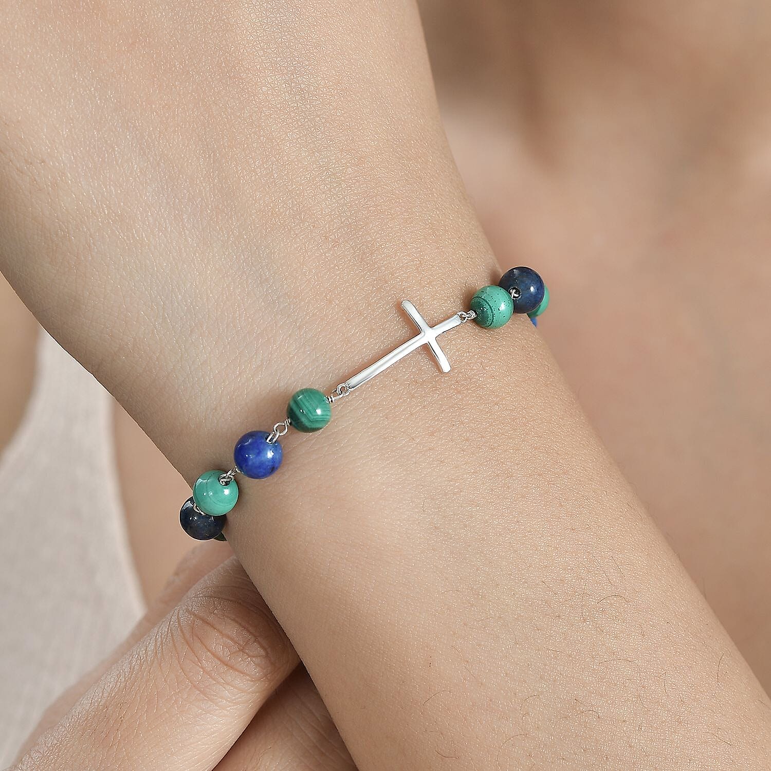 Lapis Lazuli & Malachite Bracelet (Size - 7.5) in Rhodium Overlay Sterling Silver 25.00 Ct.