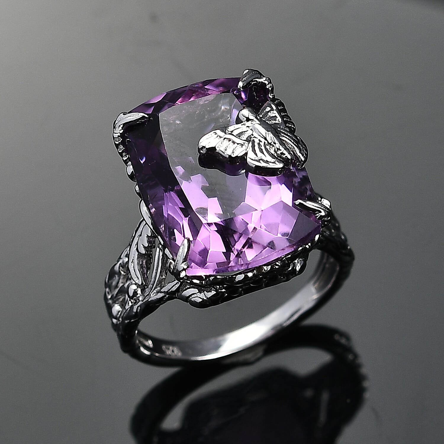 Pink Amethyst Ring in Rhodium Overlay Sterling Silver 12.50 Ct.