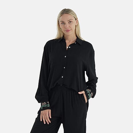 -Maisi Linen Blend Relaxed Fit Long Sleeve Shirt with Embroidered Cuffs (Size M) - Black