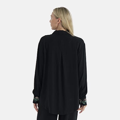 -Maisi Linen Blend Relaxed Fit Long Sleeve Shirt with Embroidered Cuffs (Size M) - Black