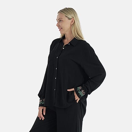 -Maisi Linen Blend Relaxed Fit Long Sleeve Shirt with Embroidered Cuffs (Size M) - Black