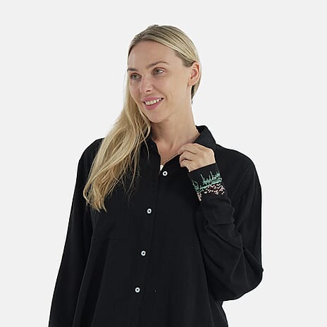 -Maisi Linen Blend Relaxed Fit Long Sleeve Shirt with Embroidered Cuffs (Size M) - Black