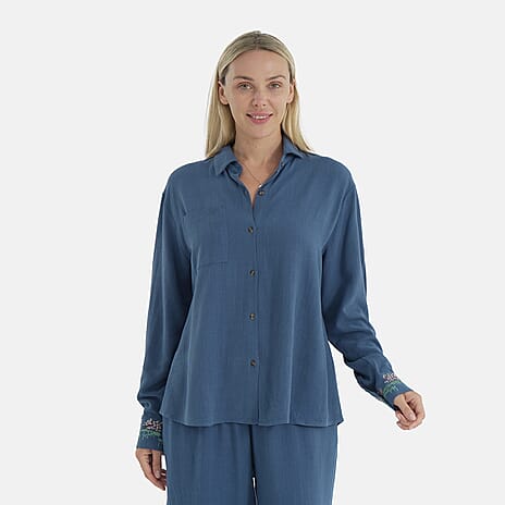 -Maisi Linen Blend Relaxed Fit Long Sleeve Shirt with Embroidered Cuffs (Size M) - Blue