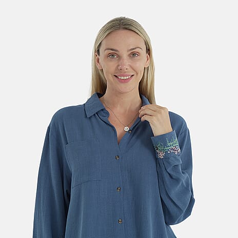 -Maisi Linen Blend Relaxed Fit Long Sleeve Shirt with Embroidered Cuffs (Size M) - Blue