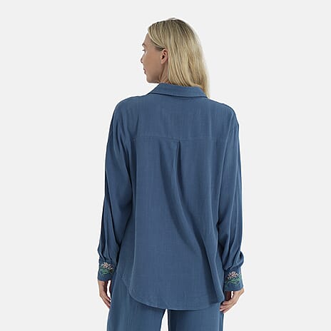 -Maisi Linen Blend Relaxed Fit Long Sleeve Shirt with Embroidered Cuffs (Size L) - Blue