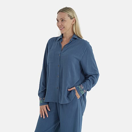 -Maisi Linen Blend Relaxed Fit Long Sleeve Shirt with Embroidered Cuffs (Size XXL) - Blue