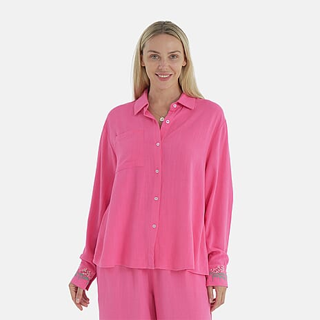 -Maisi Linen Blend Relaxed Fit Long Sleeve Shirt with Embroidered Cuffs (Size M) - Pink