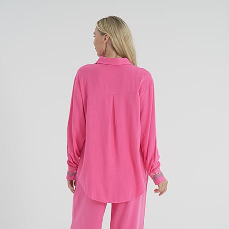 -Maisi Linen Blend Relaxed Fit Long Sleeve Shirt with Embroidered Cuffs (Size M) - Pink