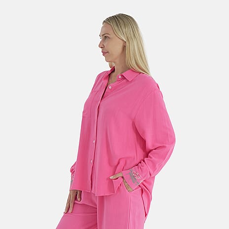-Maisi Linen Blend Relaxed Fit Long Sleeve Shirt with Embroidered Cuffs (Size XXL) - Pink