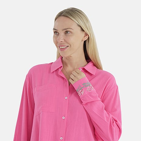 -Maisi Linen Blend Relaxed Fit Long Sleeve Shirt with Embroidered Cuffs (Size XXL) - Pink