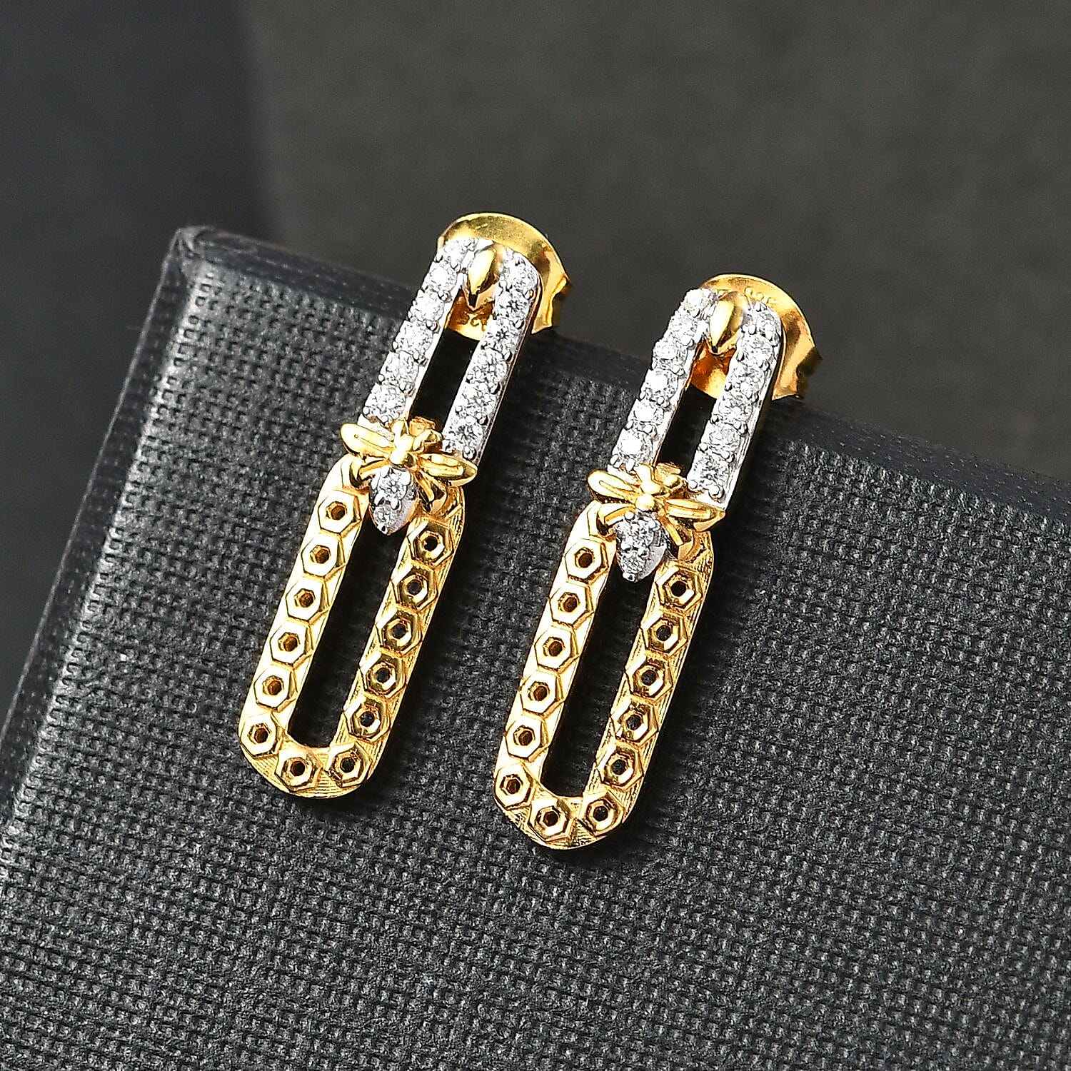 Moissanite & Blue Sapphire Dangling Earrings with Push Back in 18K Vermeil Yellow Gold Plated Sterling Silver 0.43 Ct.