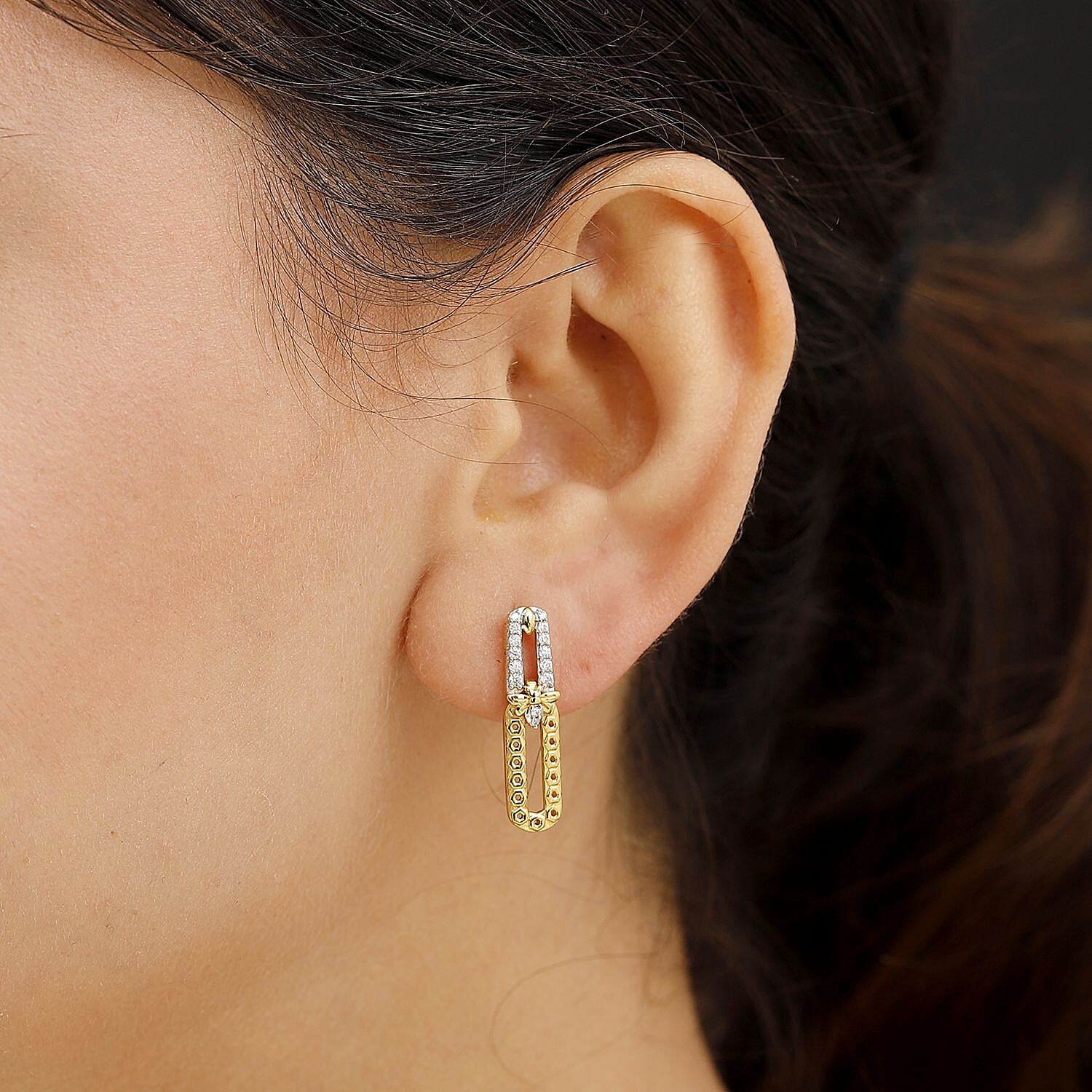 Moissanite & Blue Sapphire Dangling Earrings with Push Back in 18K Vermeil Yellow Gold Plated Sterling Silver 0.43 Ct.