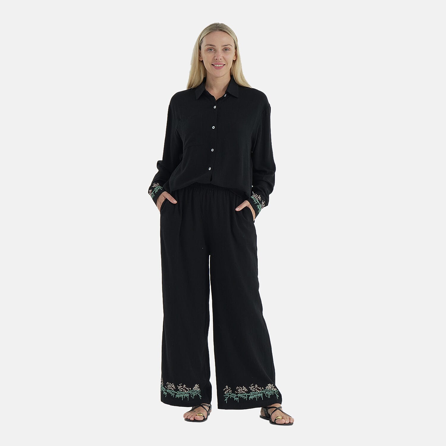 La Marey Linen Blend Relaxed Fit Embroidered Trousers (Size M) - Black