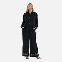 La Marey Linen Blend Relaxed Fit Embroidered Trousers (Size M) - Black