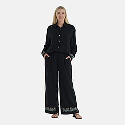 La Marey Linen Blend Relaxed Fit Embroidered Trousers (Size M) - Black