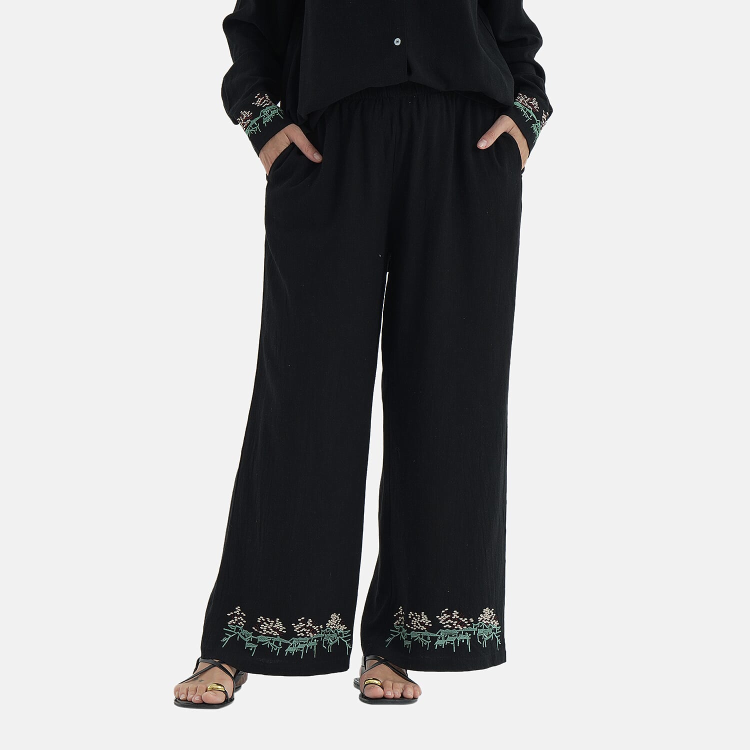 La Marey Linen Blend Relaxed Fit Embroidered Trousers (Size M) - Black
