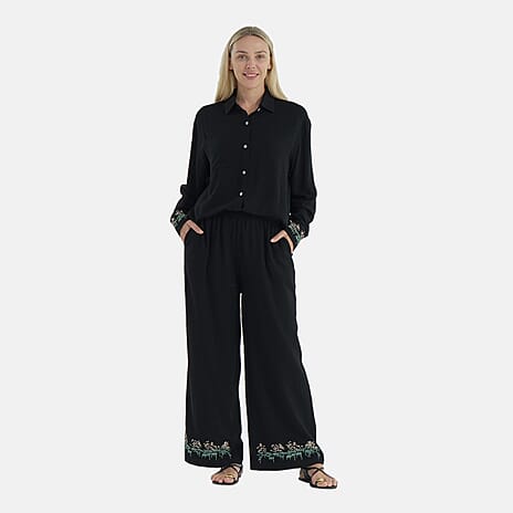 La Marey Linen Blend Relaxed Fit Embroidered Trousers (Size L) - Black
