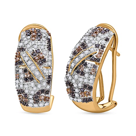 One Time Mega Closeout - Designer Inspired Natural Champagne Diamond, Black & Natural White Diamond Dome Earring in 18K Vermeil Yellow Gold Plated Sterling Silver 1.15 Ct.