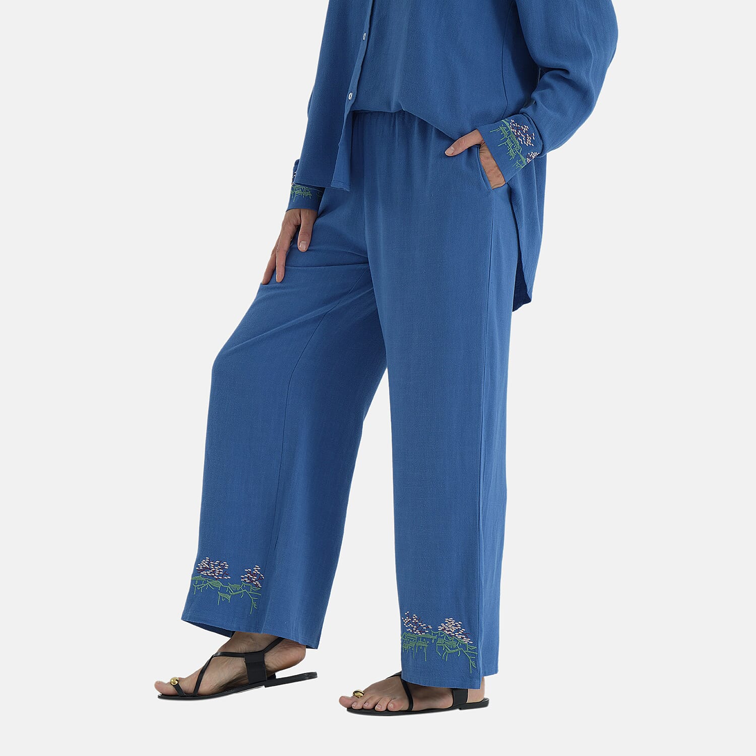 La Marey Linen Blend Relaxed Fit Embroidered Trousers (Size M) - Black