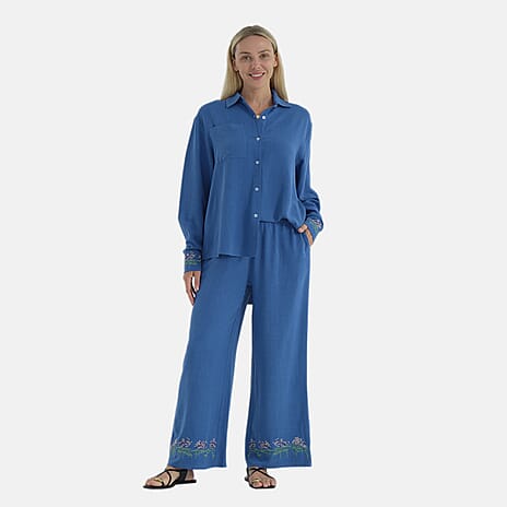 La Marey Linen Blend Relaxed Fit Embroidered Trousers (Size XXL) - Blue