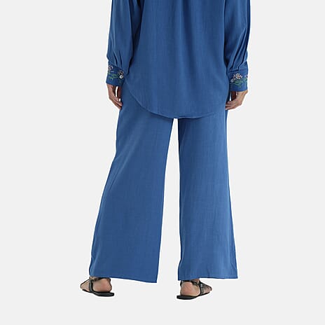La Marey Linen Blend Relaxed Fit Embroidered Trousers (Size XXL) - Blue