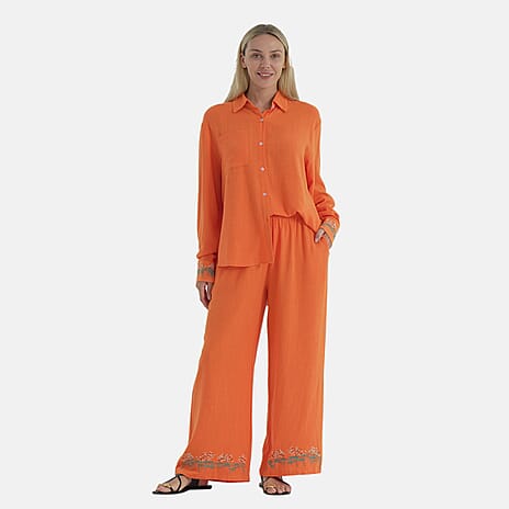 La Marey Linen Blend Relaxed Fit Embroidered Trousers (Size XXL) - Orange