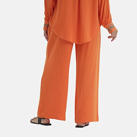 La Marey Linen Blend Relaxed Fit Embroidered Trousers (Size XXL) - Orange