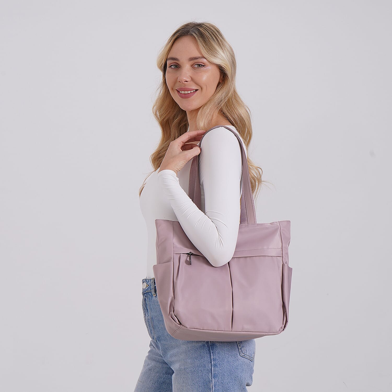 Spacious Oxford Tote Bag with Multiple Pockets - Light Purple