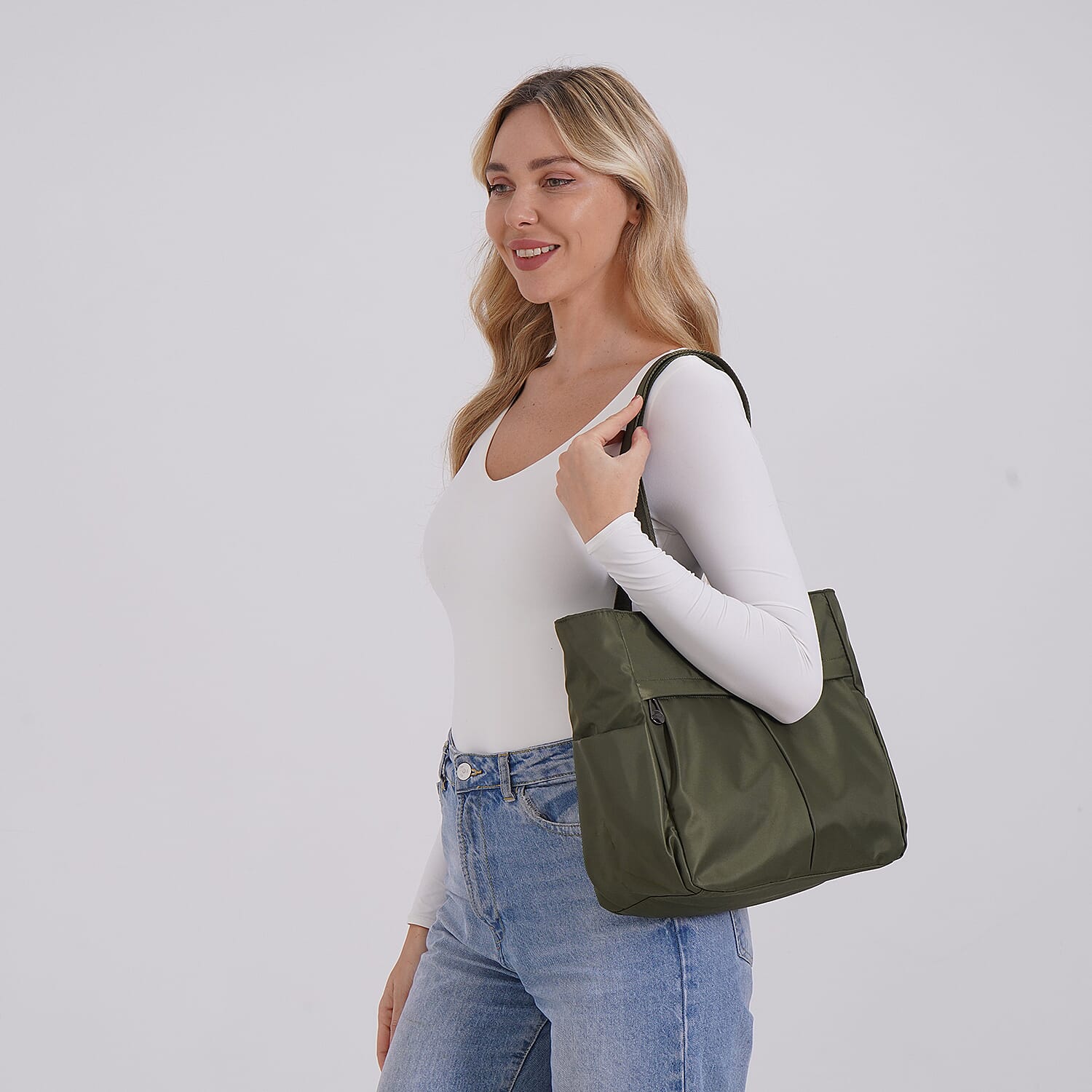 Spacious Oxford Tote Bag with Multiple Pockets - Dark Green