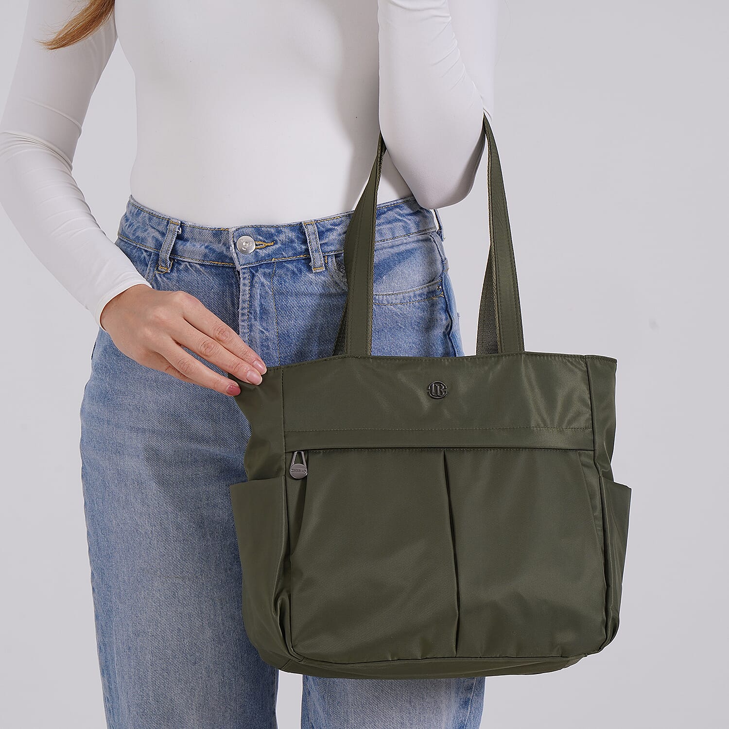 Spacious Oxford Tote Bag with Multiple Pockets - Dark Green