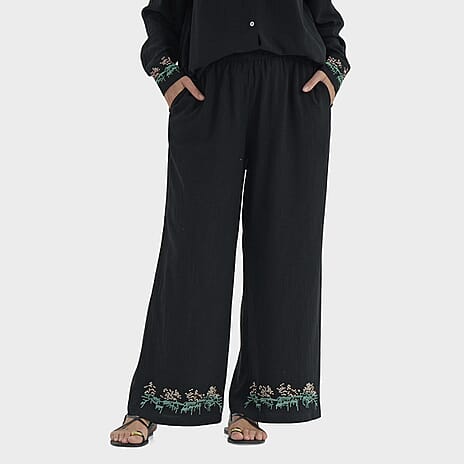 -Maisi Linen Blend Wide Leg Trousers with Floral Embroidery (Size L) - Black