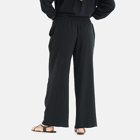 -Maisi Linen Blend Wide Leg Trousers with Floral Embroidery (Size XL) - Black