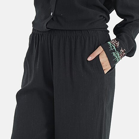 -Maisi Linen Blend Wide Leg Trousers with Floral Embroidery (Size XL) - Black