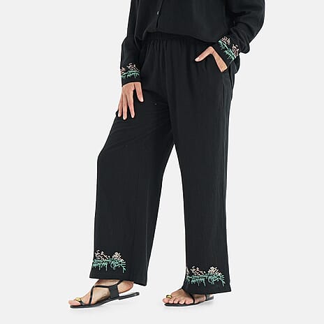 -Maisi Linen Blend Wide Leg Trousers with Floral Embroidery (Size XXL) - Black