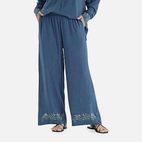 -Maisi Linen Blend Wide Leg Trousers with Floral Embroidery (Size M) - Blue