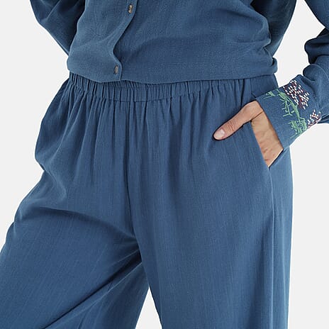 -Maisi Linen Blend Wide Leg Trousers with Floral Embroidery (Size M) - Blue