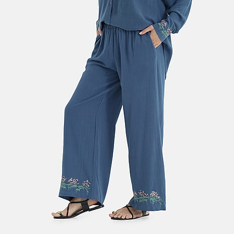 -Maisi Linen Blend Wide Leg Trousers with Floral Embroidery (Size L) - Blue