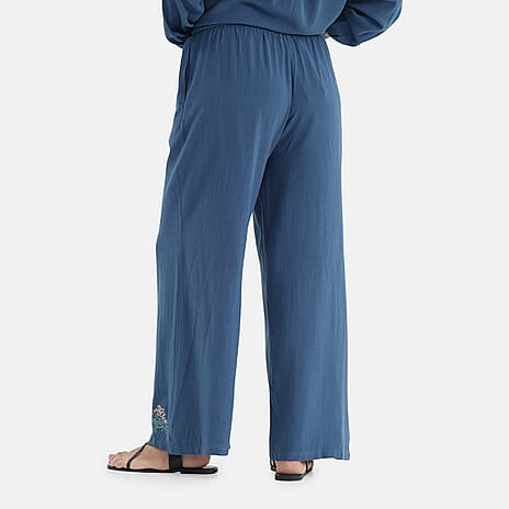 -Maisi Linen Blend Wide Leg Trousers with Floral Embroidery (Size XL) - Blue