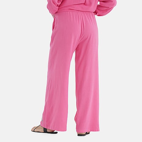 -Maisi Linen Blend Wide Leg Trousers with Floral Embroidery (Size M) - Pink