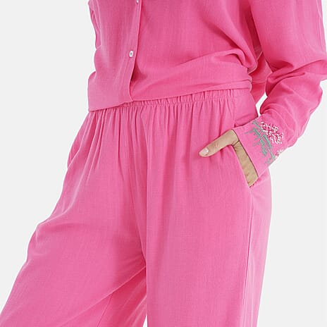 -Maisi Linen Blend Wide Leg Trousers with Floral Embroidery (Size M) - Pink